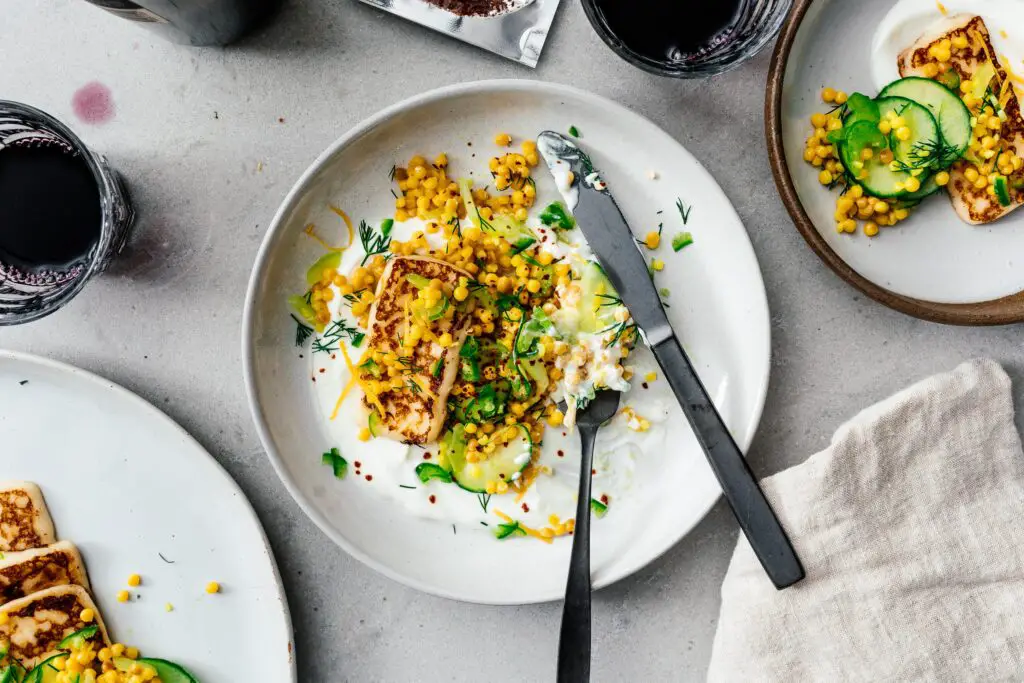 Pan-fried Halloumi with Israeli cous cous salad