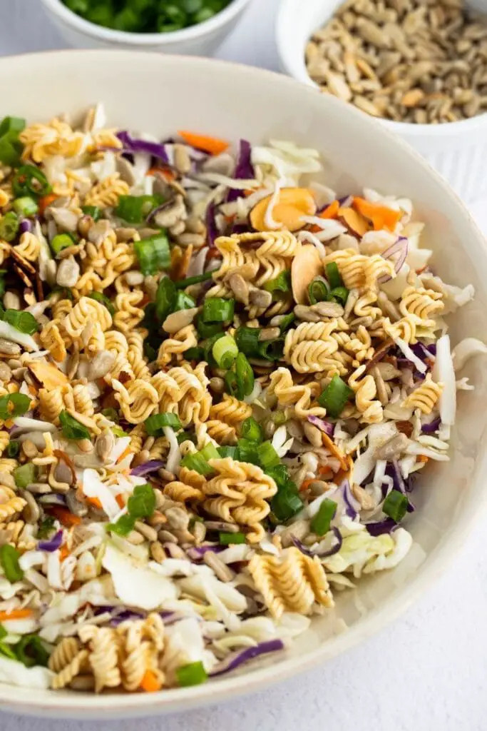 Bowl of refreshing and colorful Asian ramen noodle salad