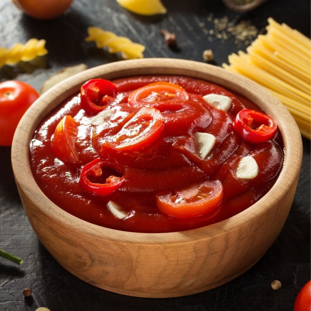 Tazón de salsa de tomate con chile
