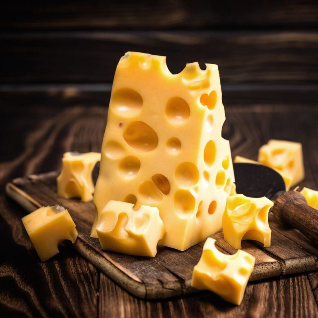 Queso gruyere en una tabla de madera