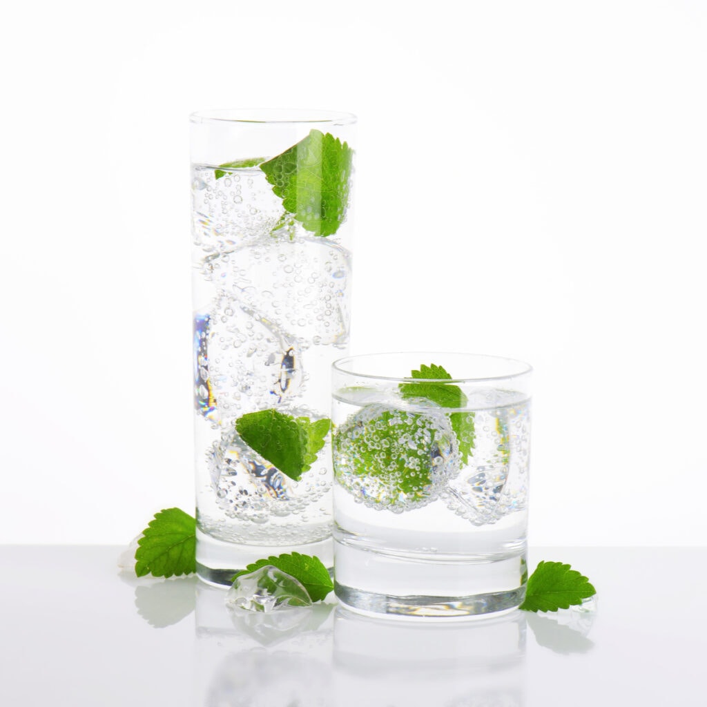 Agua carbonatada en un vaso con hielo y menta