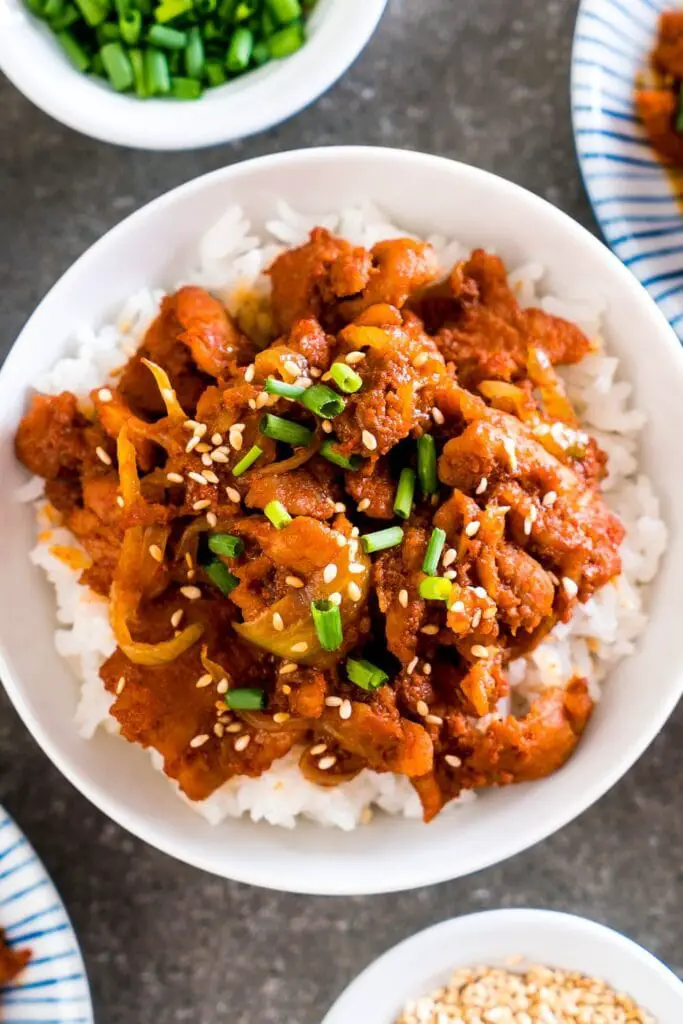 Las 20 mejores recetas coreanas de carne de res (rápidas y fáciles): Bulgogi coreano: cerdo frito con arroz y cebollas verdes