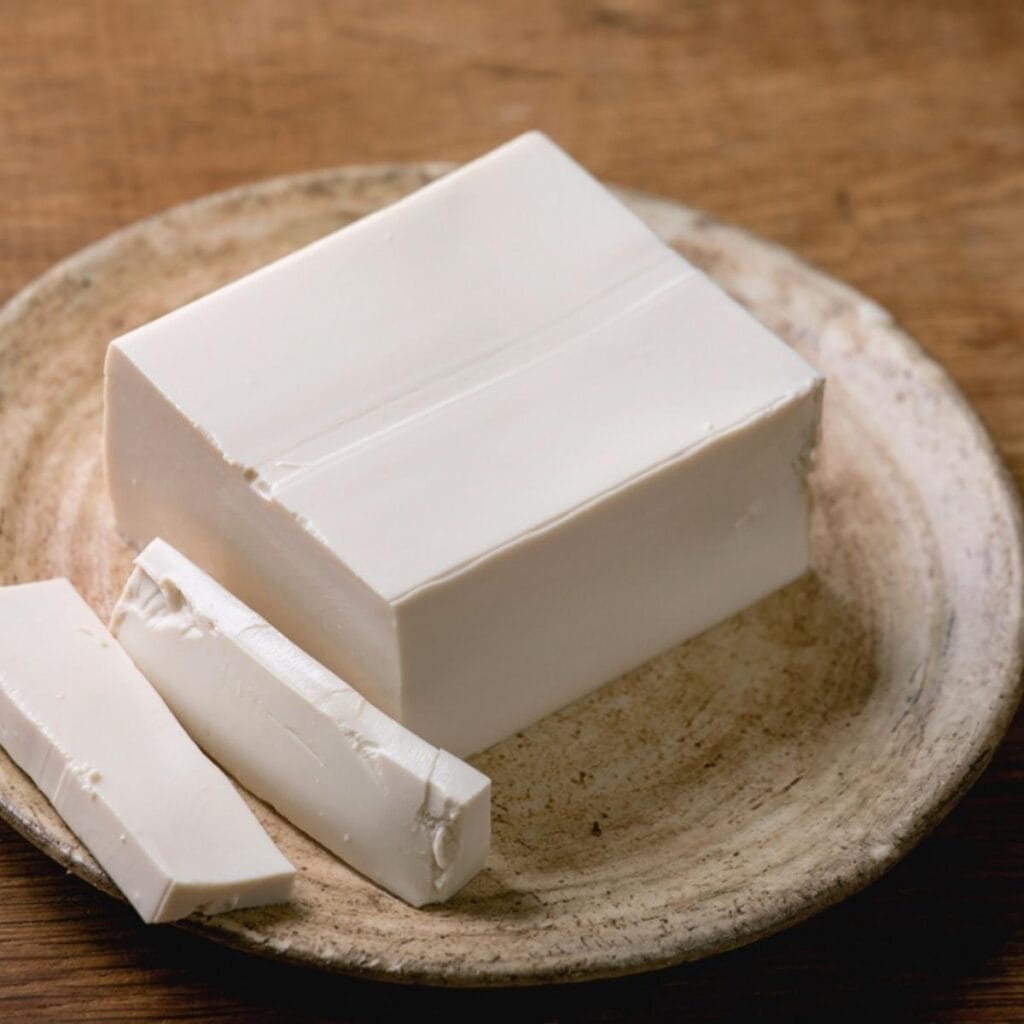 Tofu fresco en un plato de madera