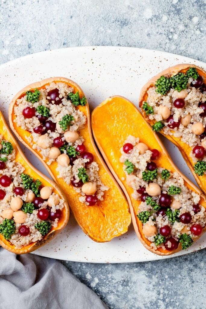 Butternut Squash Stuffed With Blueberries, Quinoa, and Chickpeas