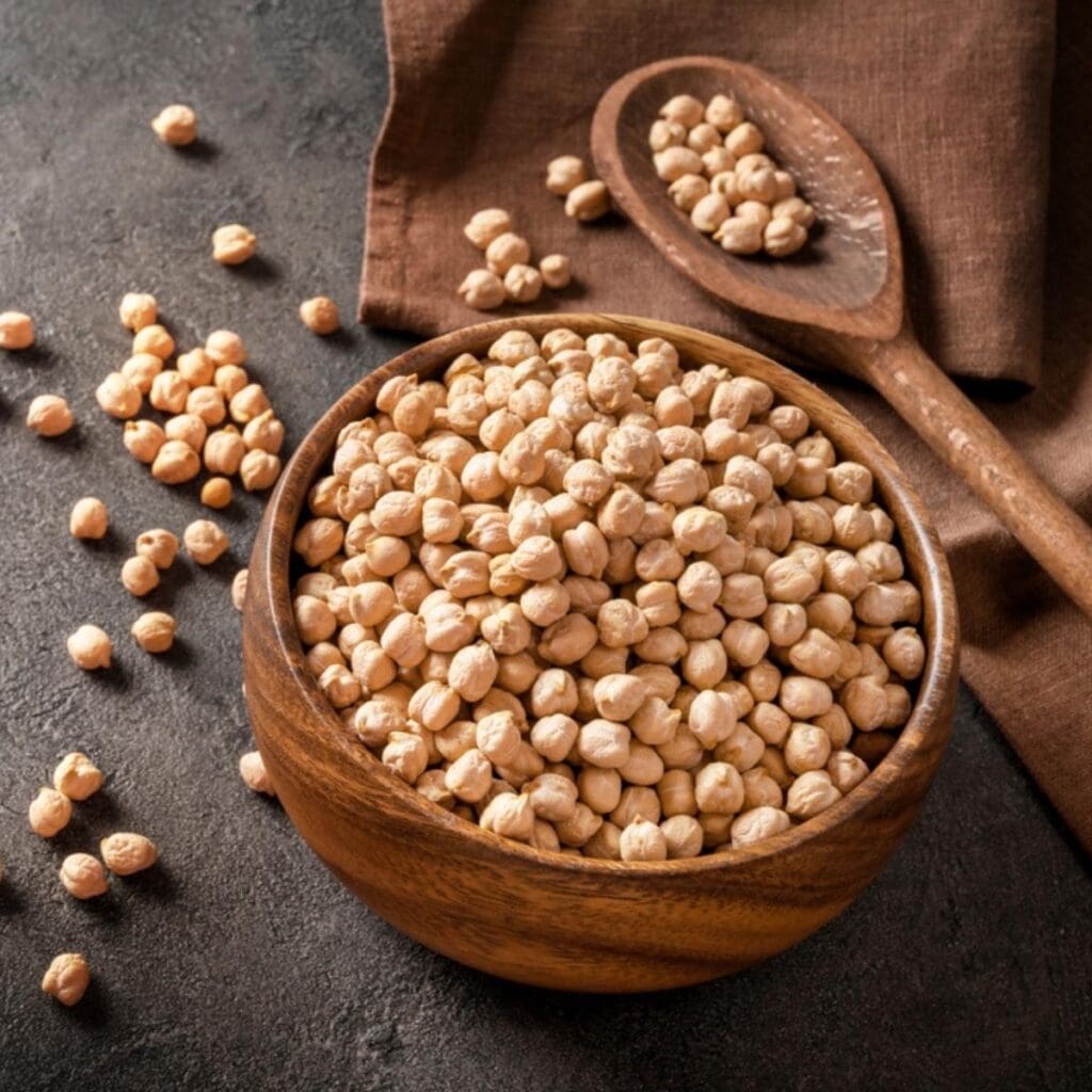 Garbanzos en un cuenco de madera