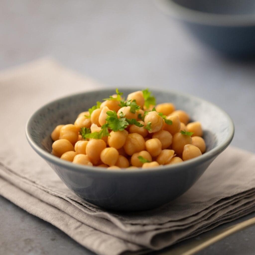 Garbanzos frescos en un tazón gris para puré de garbanzos