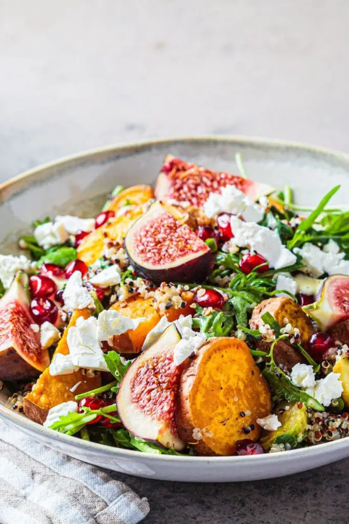 Healthy Salad with Potatoes, Brussels Sprouts, Figs and Feta Cheese