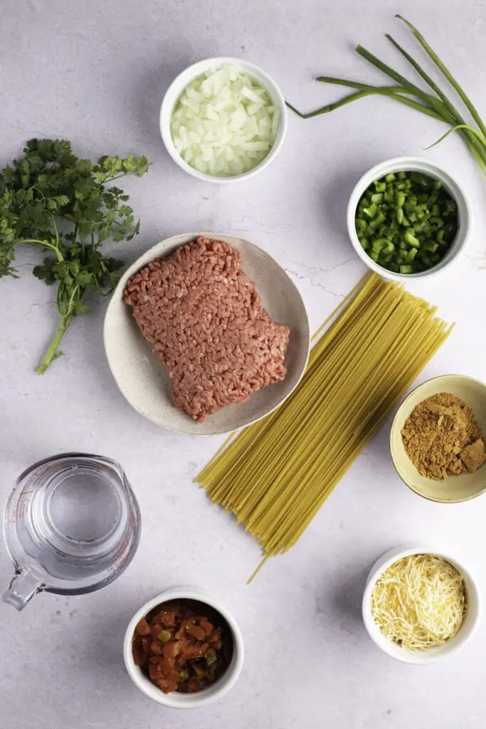 Taco Spaghetti Sastāvdaļas: sviests, malta liellopa gaļa, sīpoli, paprika, taco garšvielas, Rotel tomāti, spageti, buljons, siers, cilantro un zaļie sīpoli