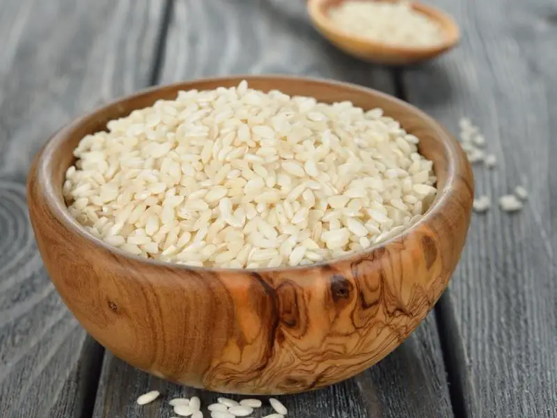 Arborio Rice in Wooden Bowl
