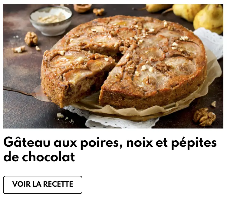 Gâteau aux poires, noix និង pépites de chocolat