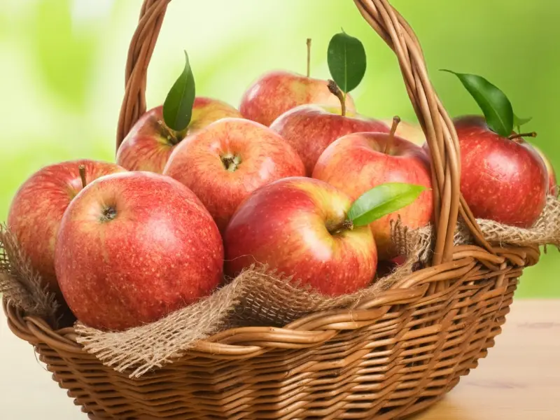 Manzanas Jonagold en un paño rústico en una cesta de madera