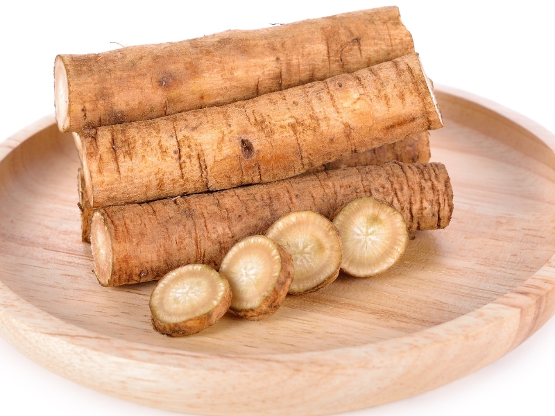 Gobo (raíz de bardana) en un plato de madera