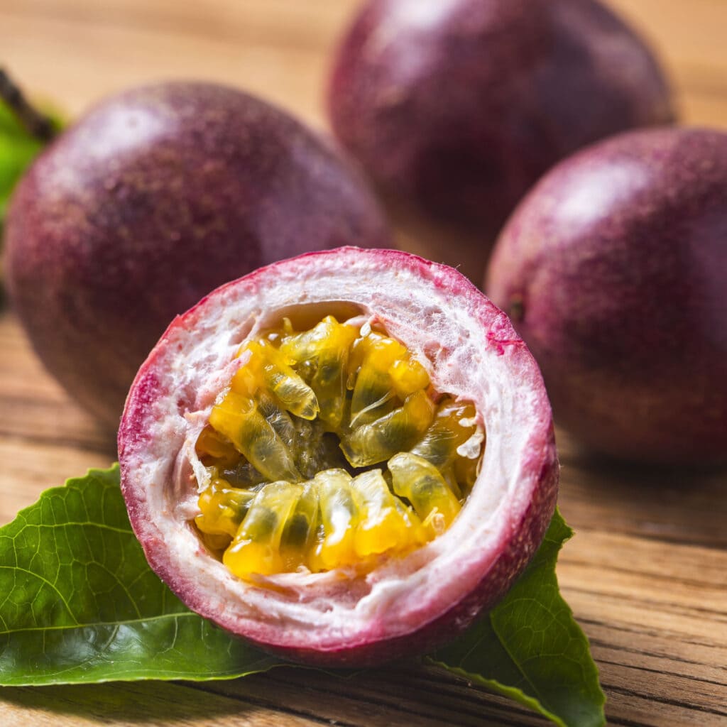 Fresh passion fruit sliced ​​and whole