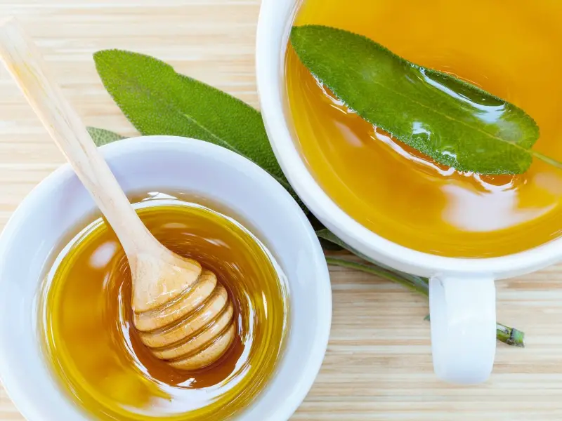 Šalvějový med v keramické misce a šálek čaje