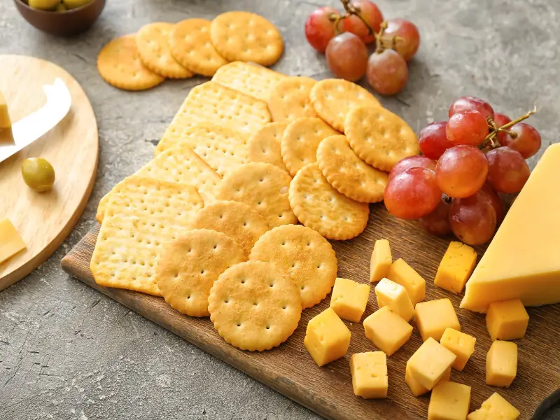 Diferentes galletas saladas en una tabla de charcutería con queso y uvas