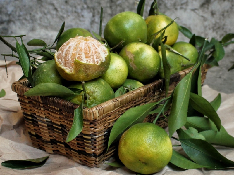 Naranjas de Sevilla (Dalandan) en una cesta cuadrada tejida con hojas