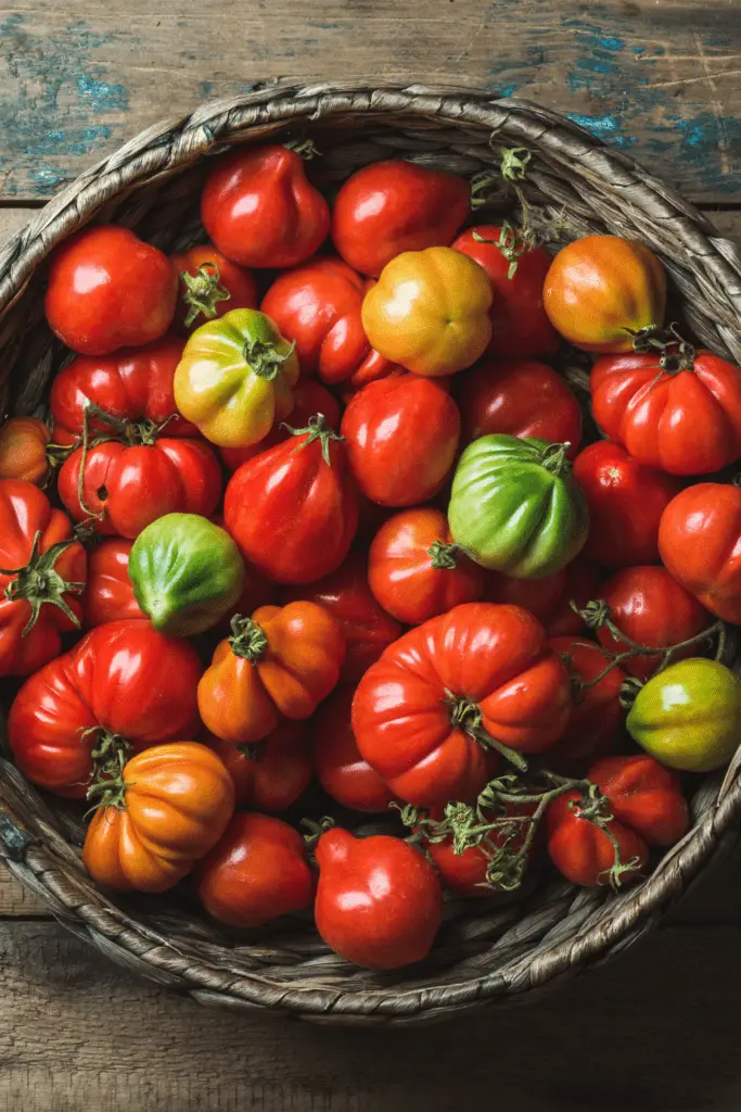 tomatos heirloom mewn basged