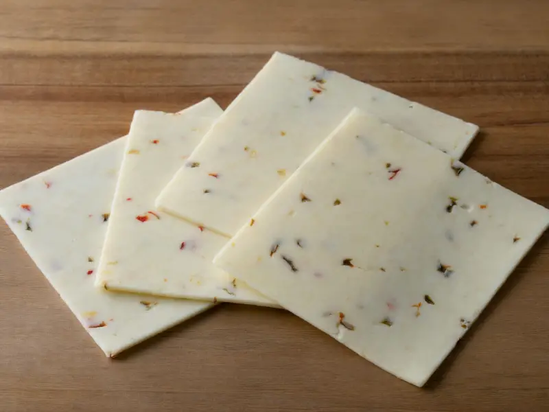 Cuatro rebanadas de queso Monterey Jack sobre una tabla para cortar madera