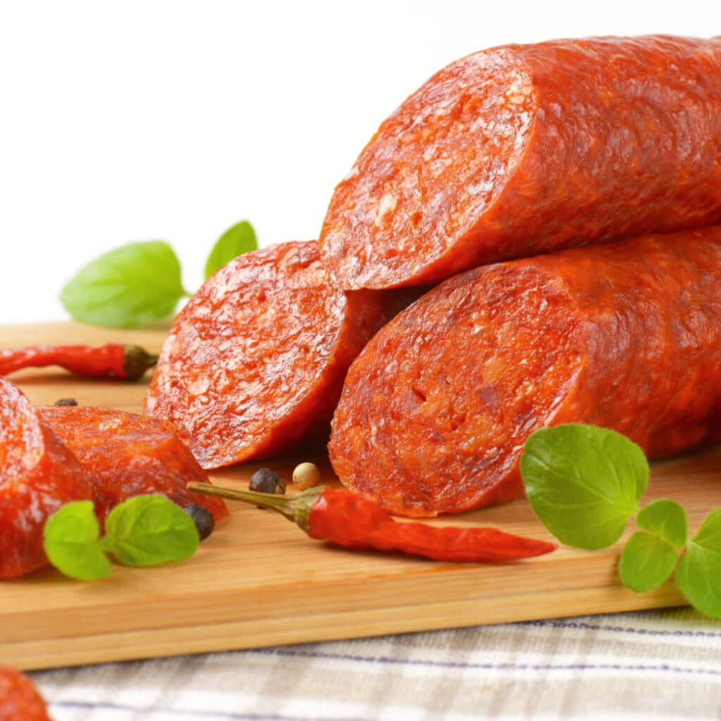 Salchicha de pepperoni en rodajas en una tabla de cortar de madera