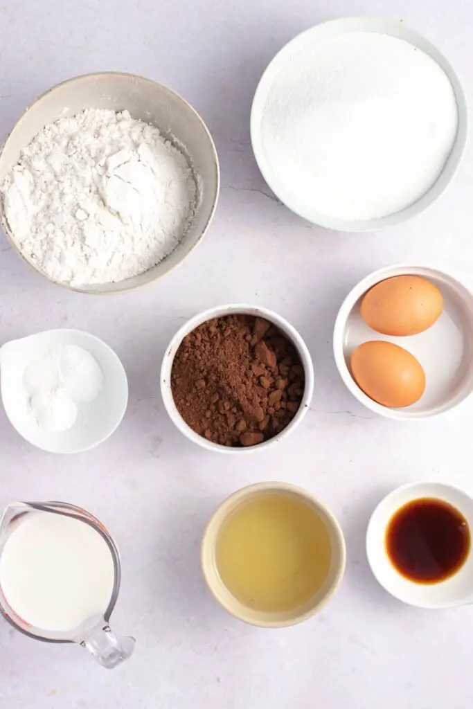 Ingredienser for våt sjokoladekake: mel, granulert sukker, kakaopulver, bakepulver, espressopulver, salt, egg, melk og vegetabilsk olje