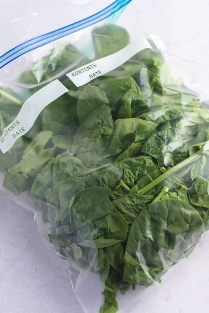 Espinacas verdes orgánicas saludables colocadas dentro de una bolsa Ziploc