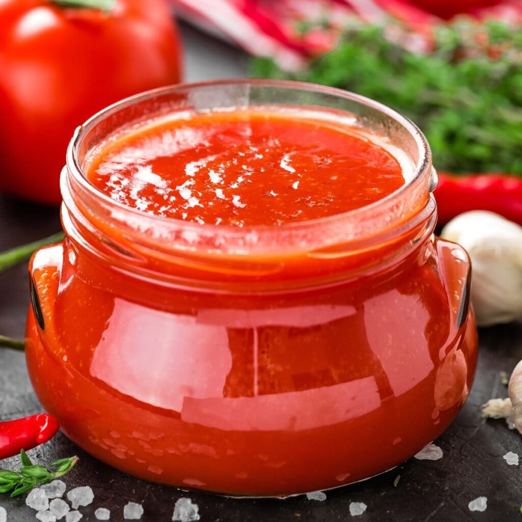 Tomat puree dina jar kaca