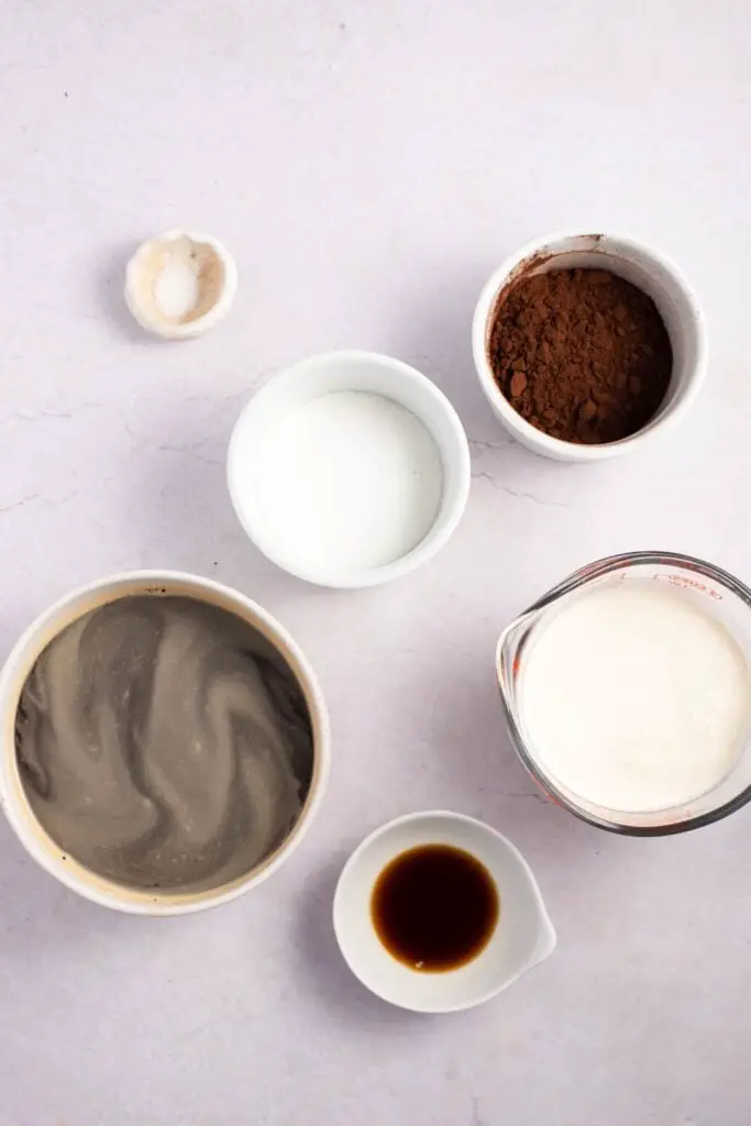 مواد تشکیل دهنده قهوه شکلاتی: شکر، کاکائو پخت، آب جوش، عصاره وانیل، نمک، خامه فرم گرفته و قهوه دم کرده