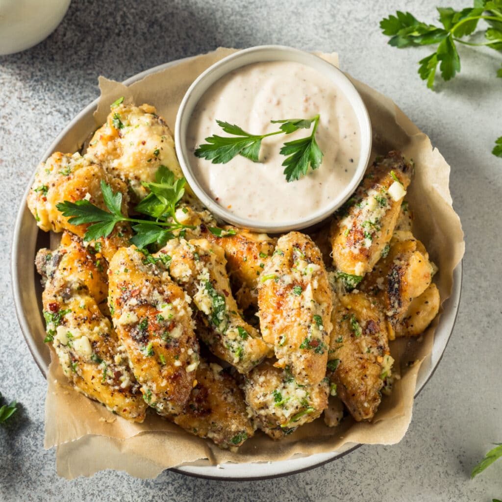 Appetittvekkende kyllingvinger smaksatt med parmesansaus og hvitløk servert i en bolle