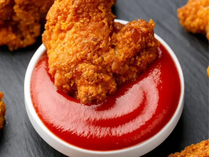 Pollo frito bañado en ketchup